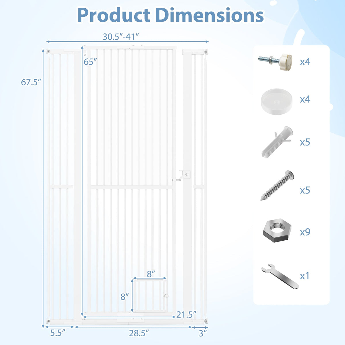 67.5" Extra Tall Pet Gate Heavy-Duty Metal Cat Gate with 30.5"-41" Wide Opening-White DirectDeals