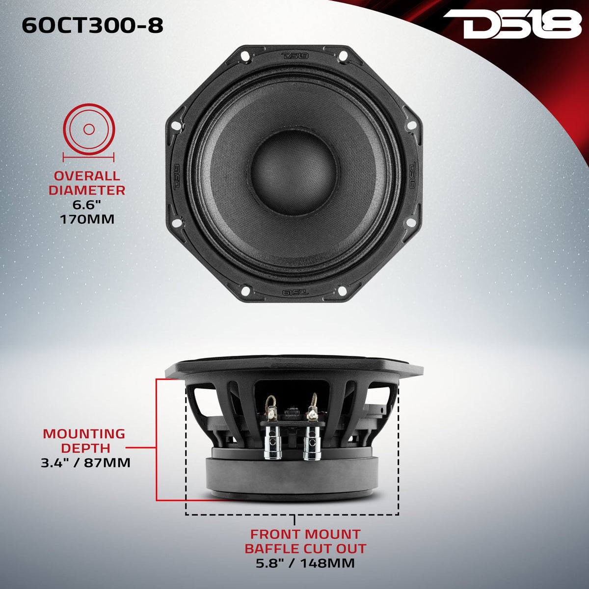 Octagonal 6.5" Mid-Range Loudspeaker 300 Watts Rms 8-Ohm DS18