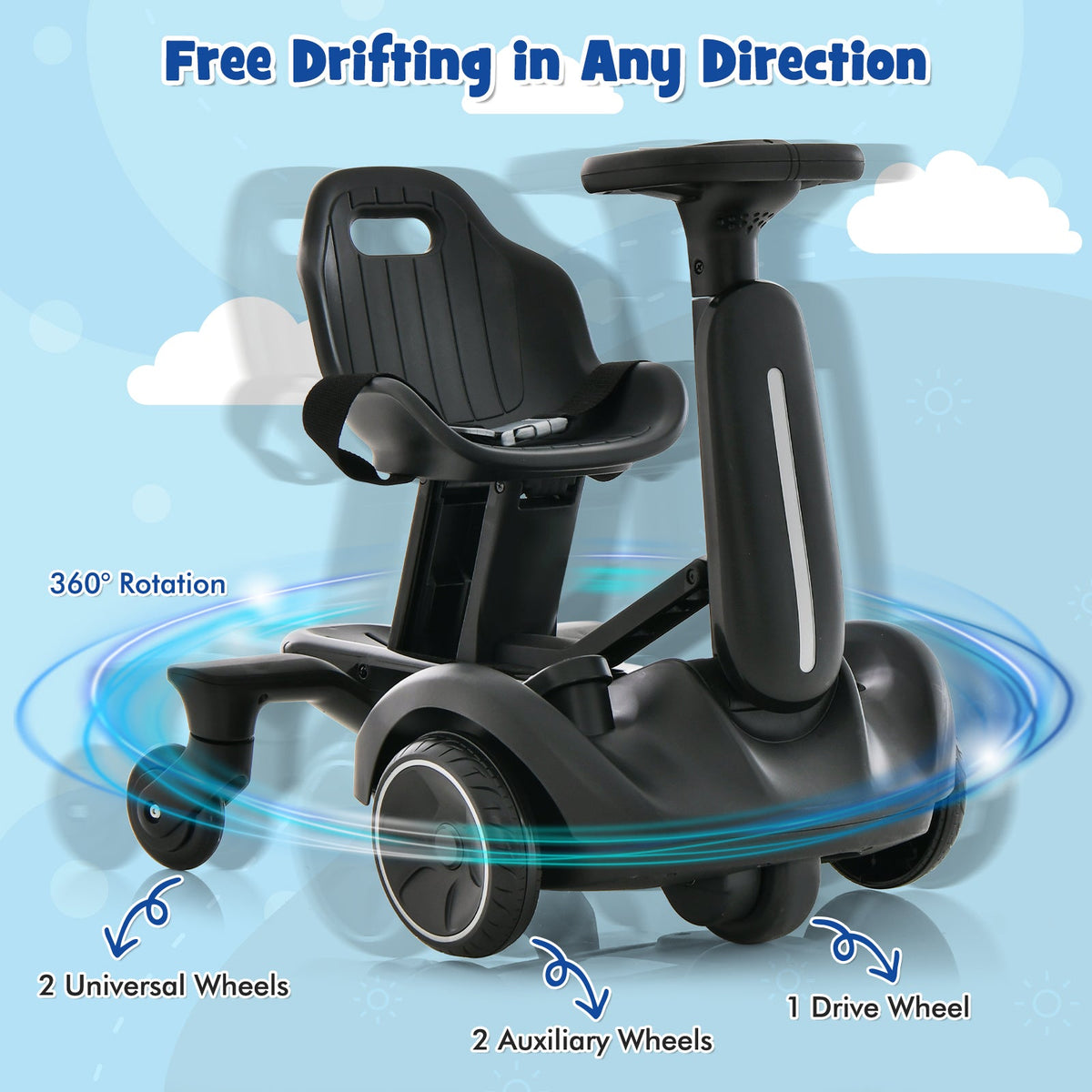 6V Kids Ride on Drift Car with 360° Spin and 2 Adjustable Heights