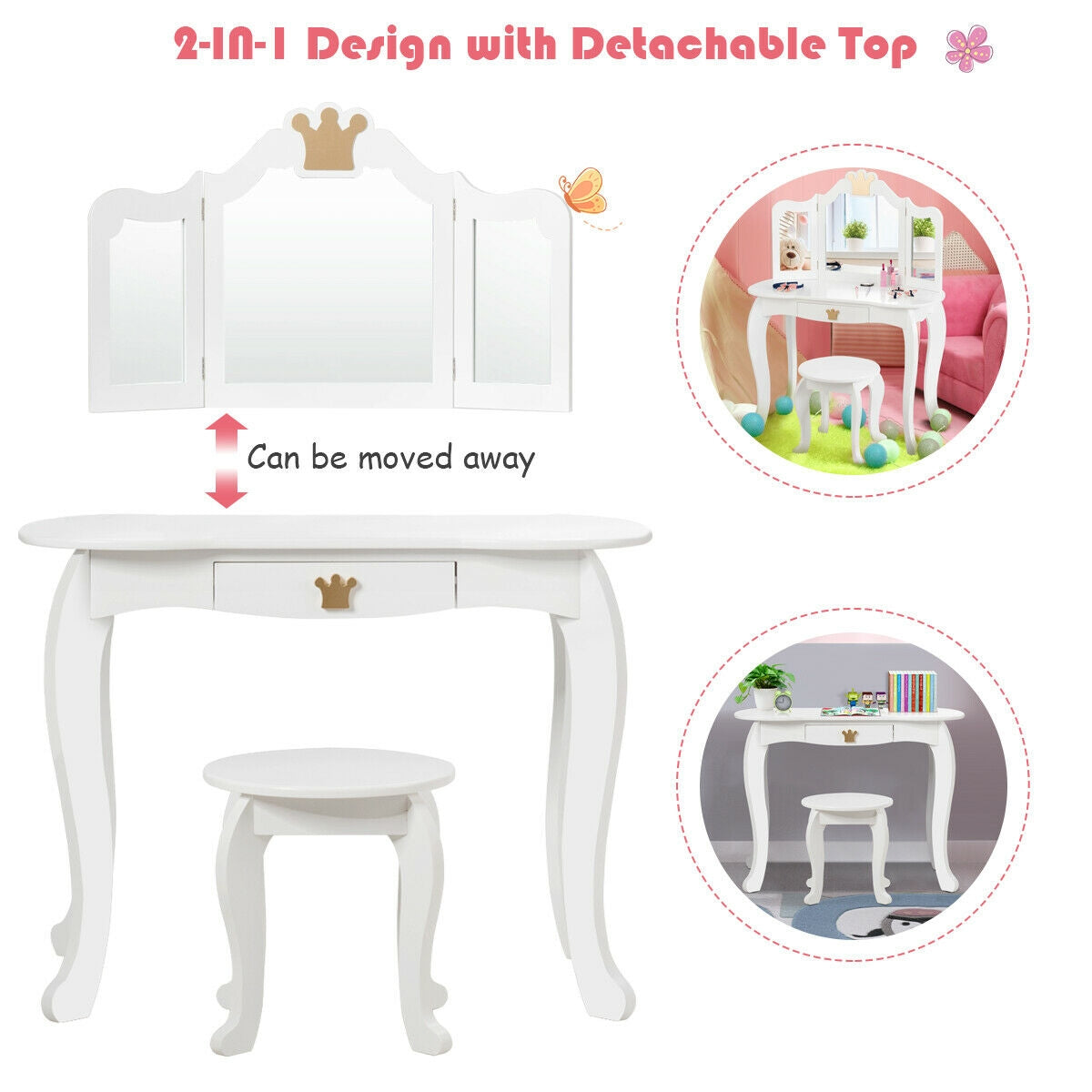 Kids Makeup Dressing Table with Tri-folding Mirror and Stool-White GBruno Store