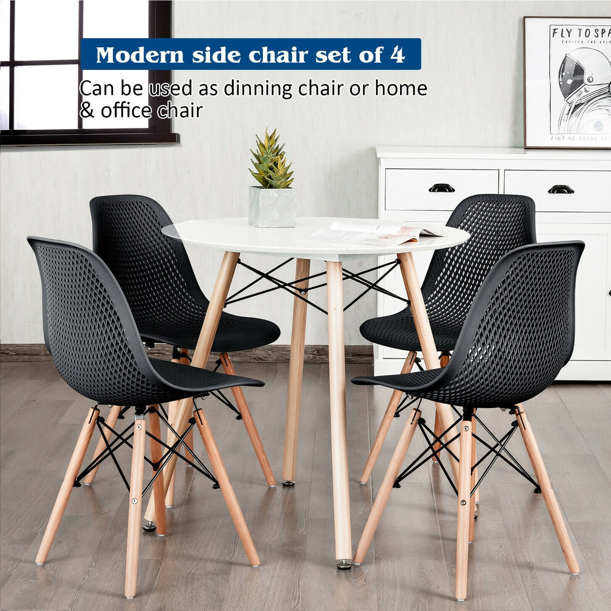 4 Pieces Modern Plastic Hollow Chair Set with Wood Leg