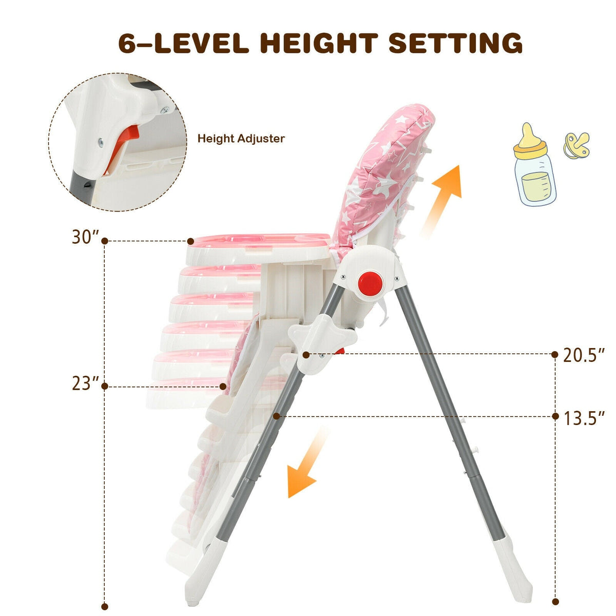 Folding Baby High Dining Chair with 6-Level Height Adjustment-Pink GBruno Store