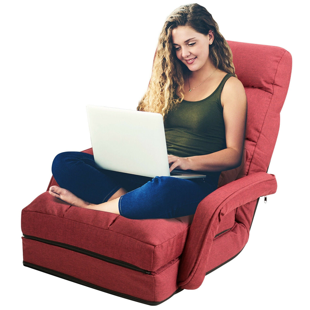 Folding Lazy Floor Chair Sofa with Armrests and Pillow
