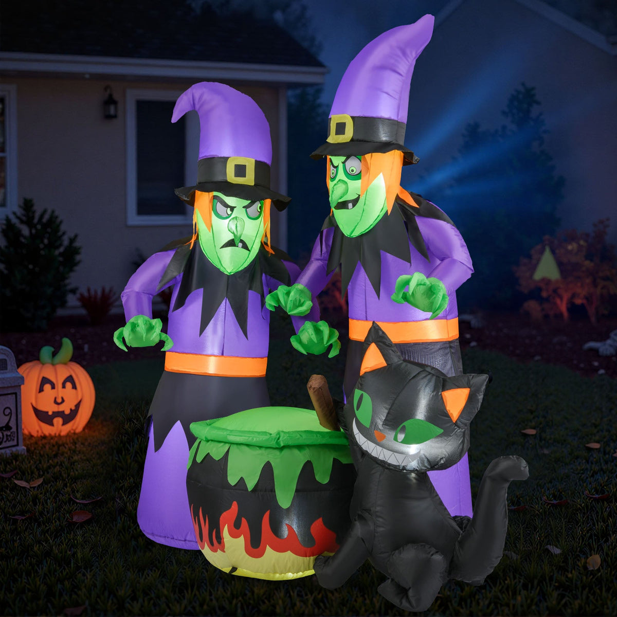 6 Ft Inflatable Halloween Witches with Cauldron & Black Cat