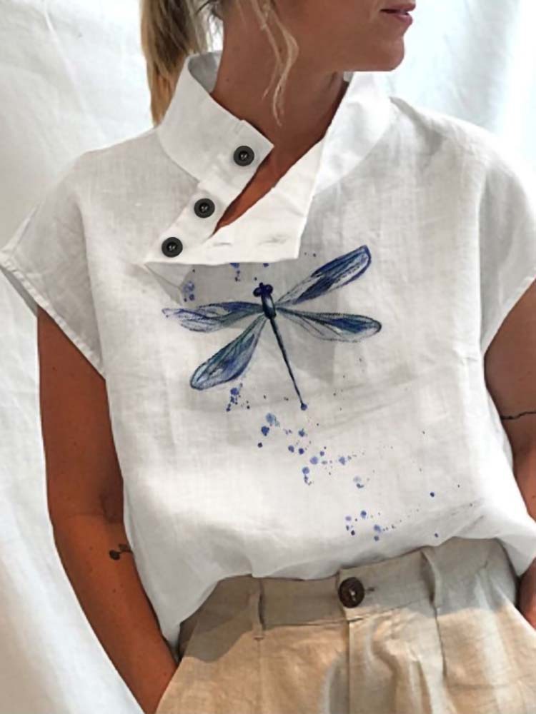 Casual Stand Collar Short Sleeve Digital Print Top