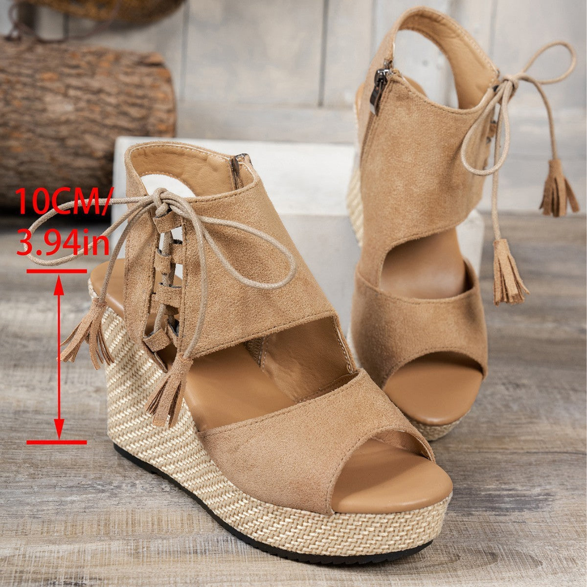 Women's Tassel High Heel Peep Toe Platform Muffin Wedge Sandals