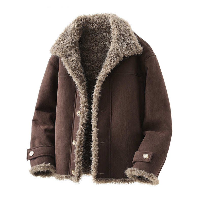 Oversized Faux Lambskin Jacket With A Fur Lining Fleece Lining And A Thicker Design Complete With A Lapel Collar