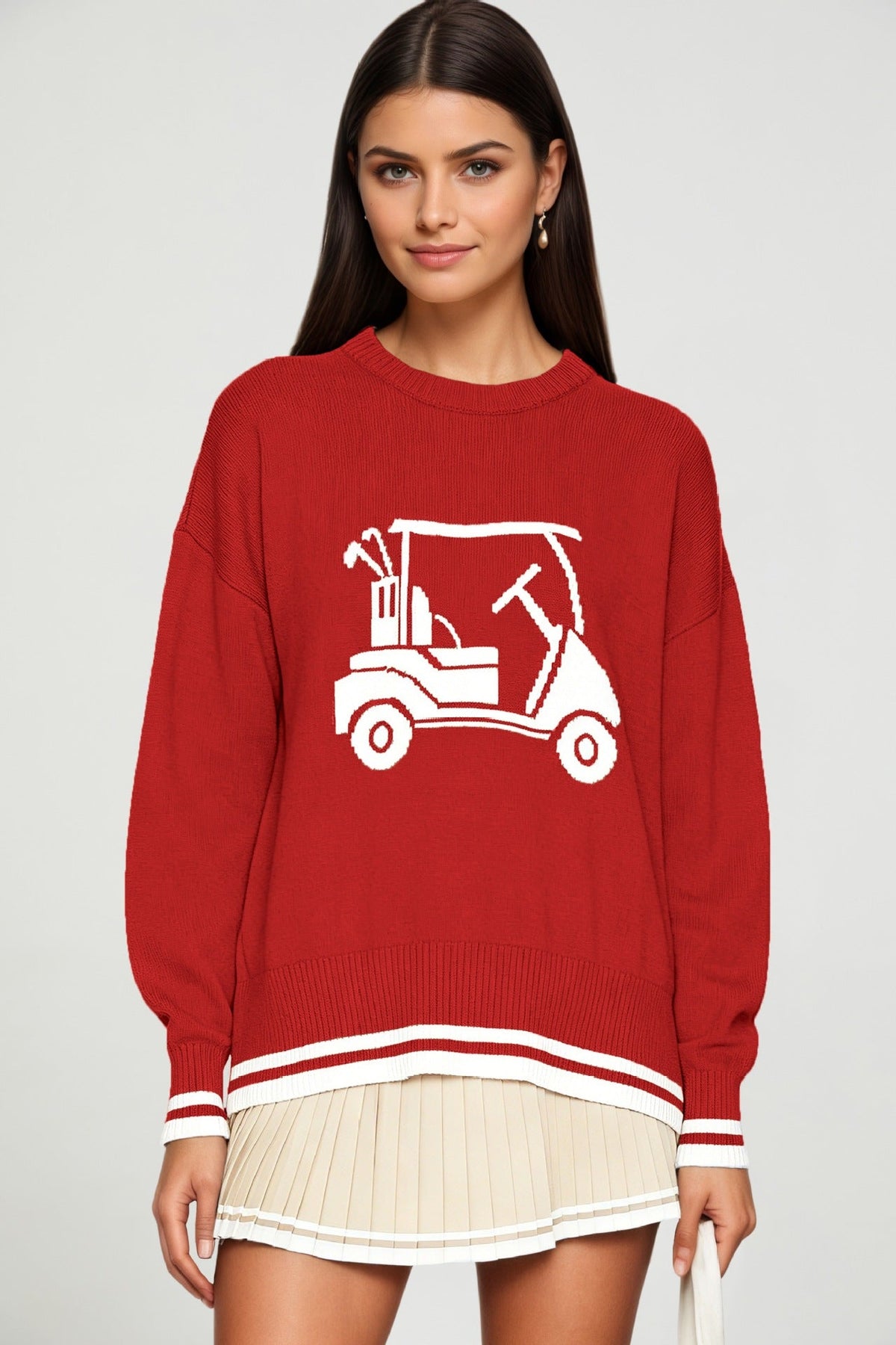 Round-neck Loose-fit Long-sleeve Jacquard-knit Pullover Sweater Top