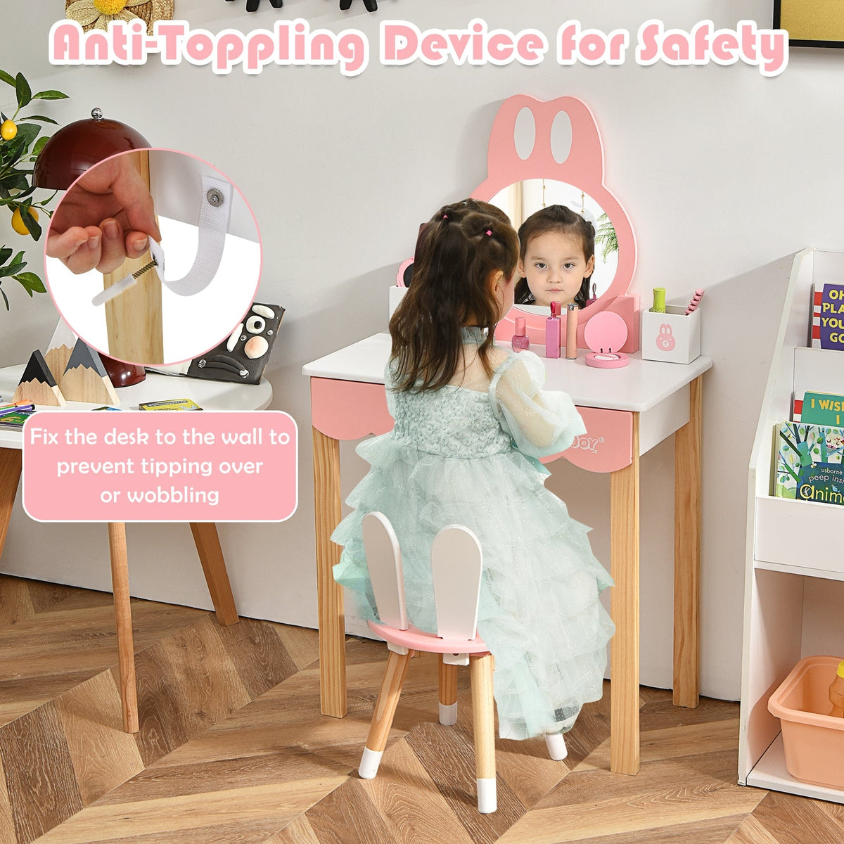 Kids Vanity Set Rabbit Makeup Dressing Table Chair Set with Mirror and Drawer