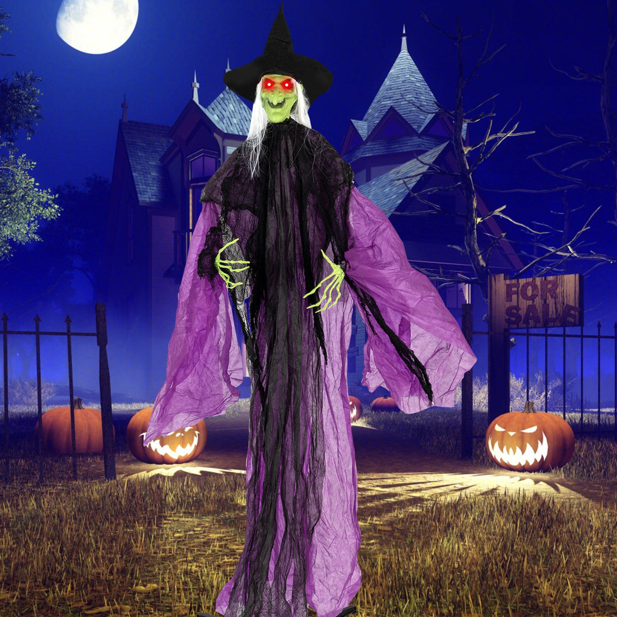 7.2 ft Halloween Standing Witch with Lighted Eyes and Automatic Arm Movement