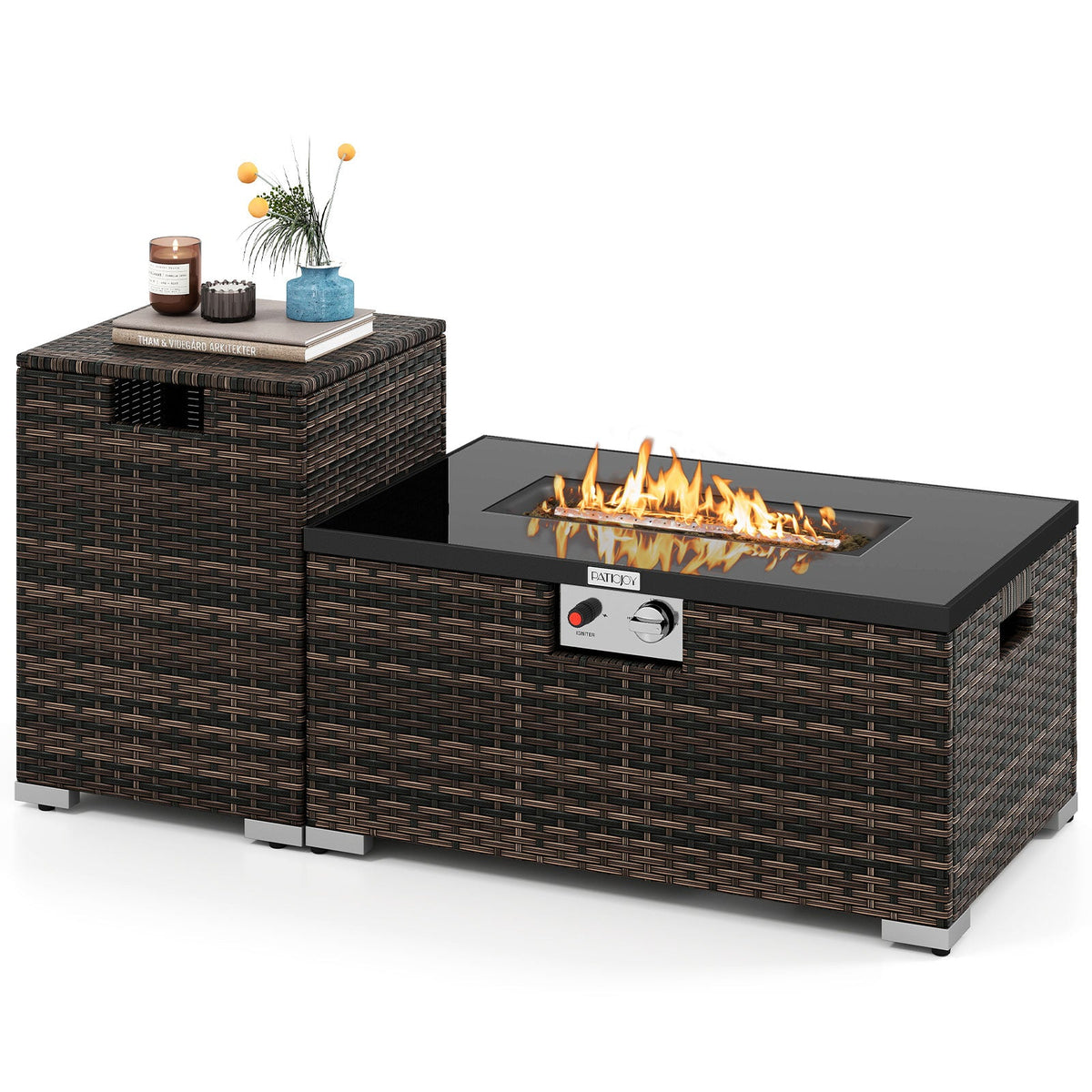 2-Piece Outdoor Rattan Fire Table Set 32 Inch Rectangle Gas Firepit with Tank Cover