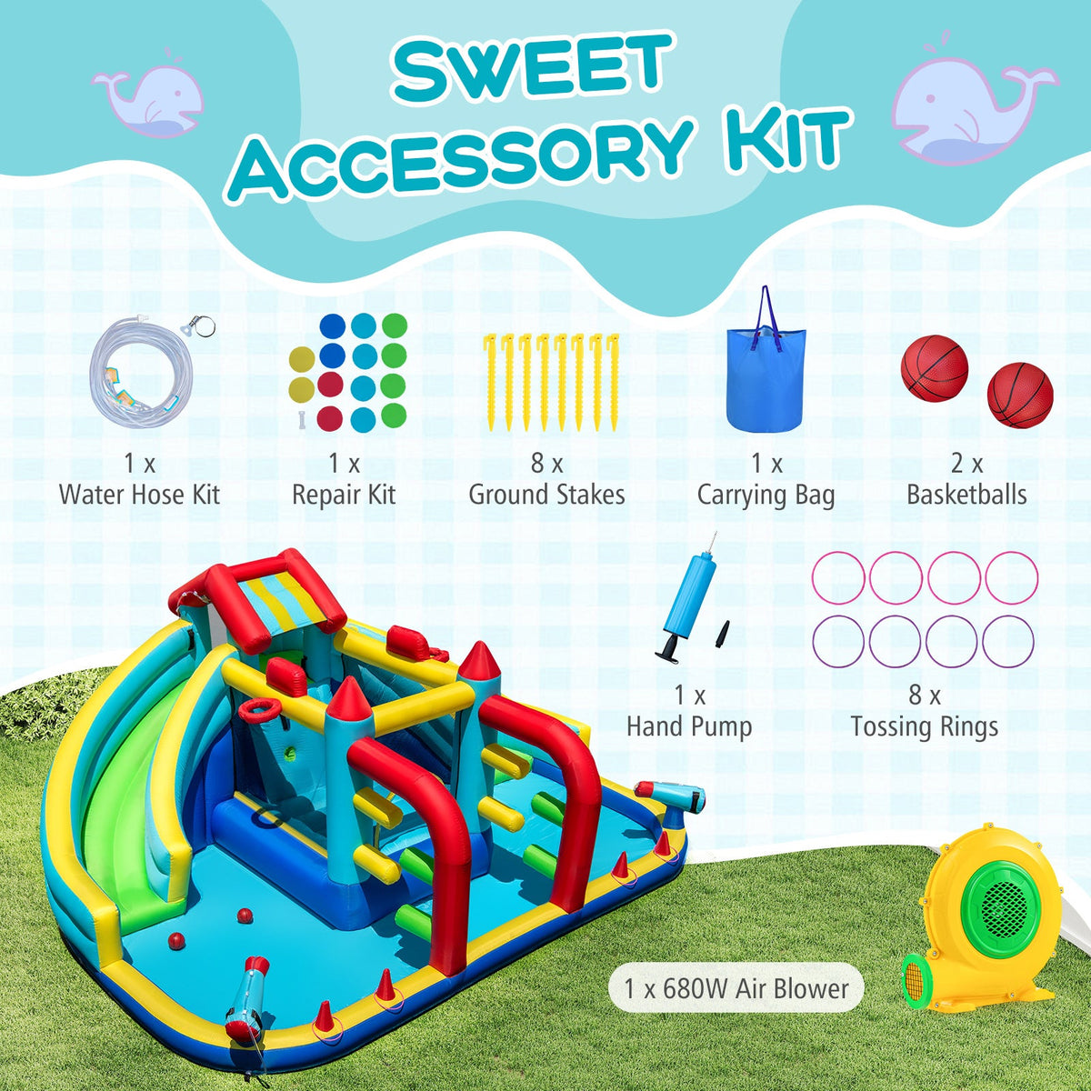 Inflatable Double Water Slide Park with Obstacle Course and 680W Blower