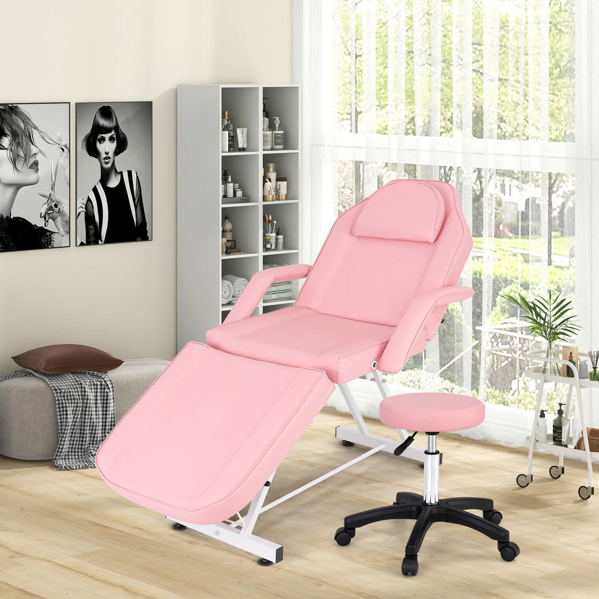 73 Inch Facial Chair Set with Removable Headrest Detachable Armrests and Towel Rack-Pink