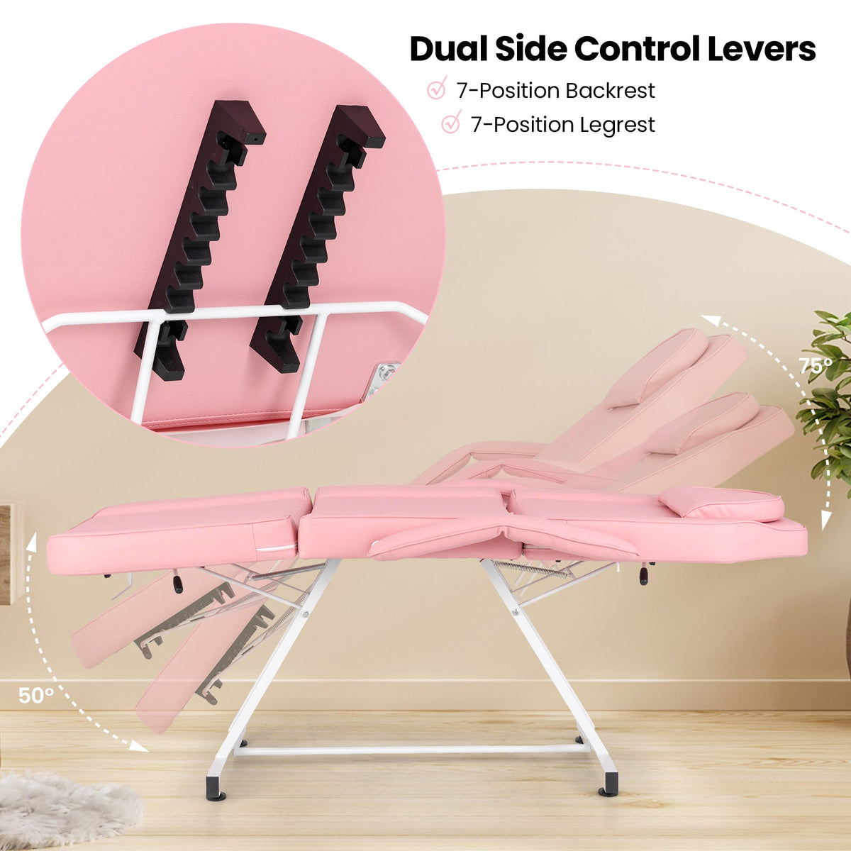 73 Inch Facial Chair Set with Removable Headrest Detachable Armrests and Towel Rack-Pink