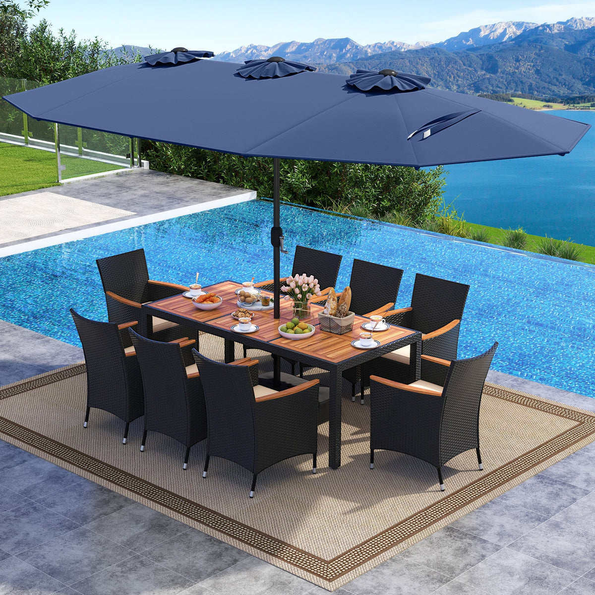 10 Piece Outdoor Dining Set with 15 Feet Double-Sided Twin Umbrella
