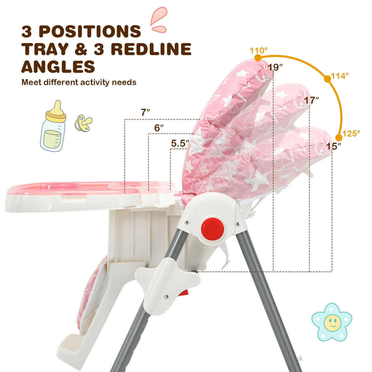Folding Baby High Dining Chair with 6-Level Height Adjustment-Pink GBruno Store