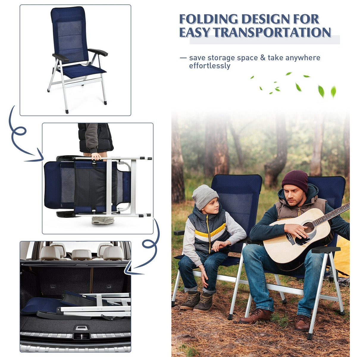 2Pcs Patio Dining Chair with Adjust Portable Headrest-Blue