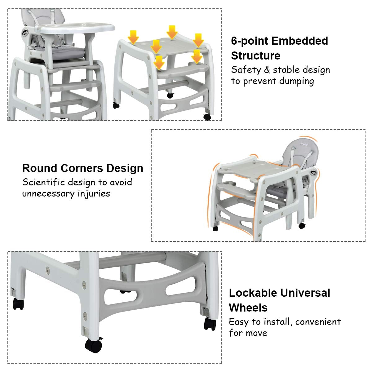 3-in-1 Baby High Chair with Lockable Universal Wheels