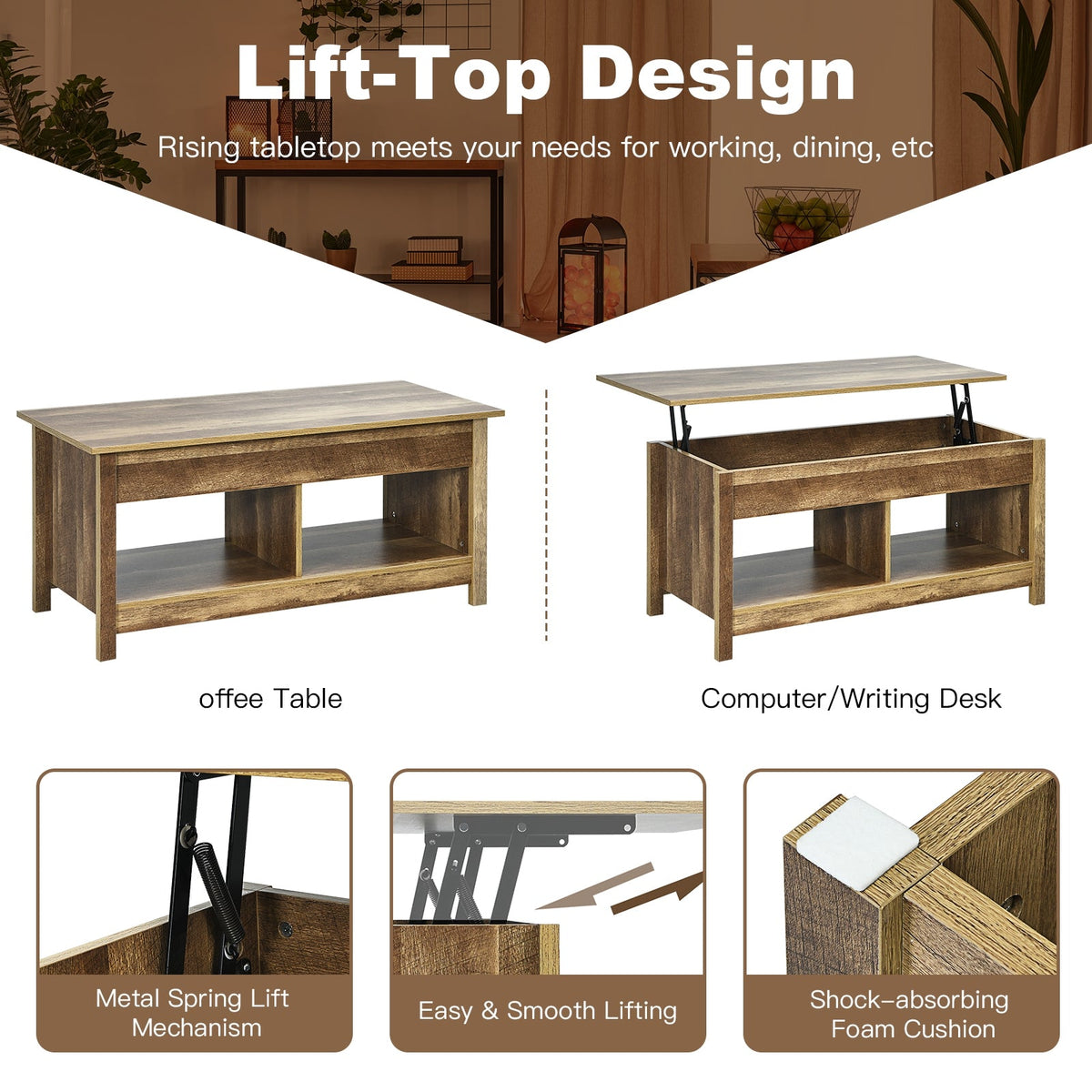 Lift Top Coffee Table with Hidden Storage Compartment and Lower Shelf for Study Room