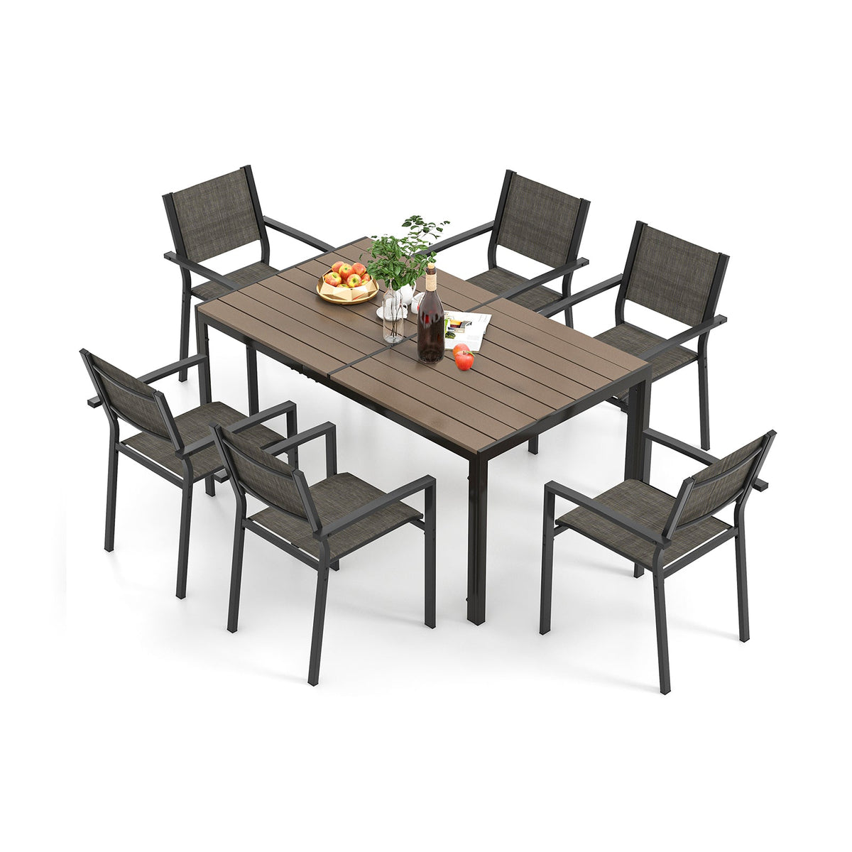 7 Piece Outdoor Dining Set with 6 Stackable Chairs and Large Rectangle Table-Gray