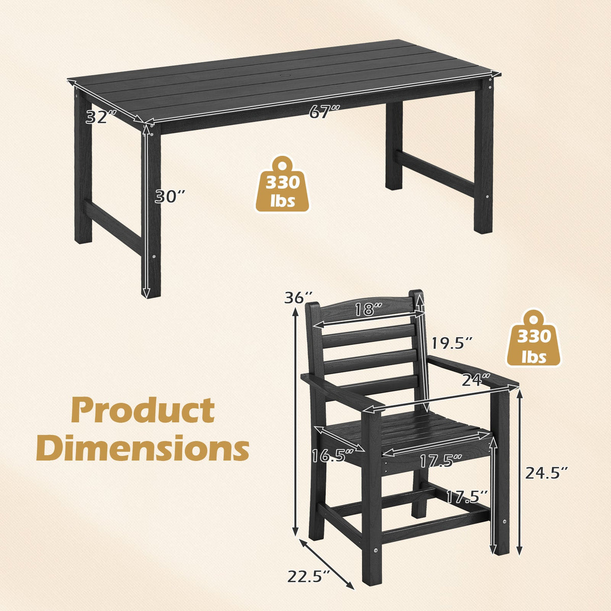 7 Pieces Outdoor Dining Table Set for 6 People 67 Inch HDPE Patio Rectangle Table and 6 Armchairs