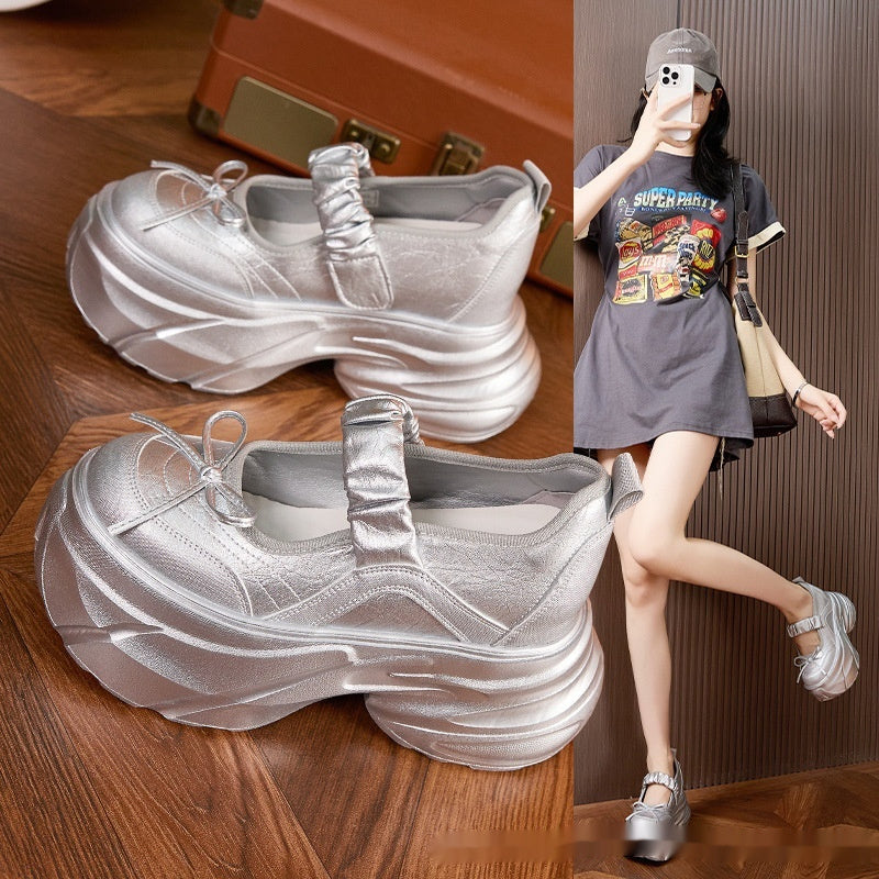 Mary Jane White Silver Sweet Bow Height Increasing Insole Women's Shoes