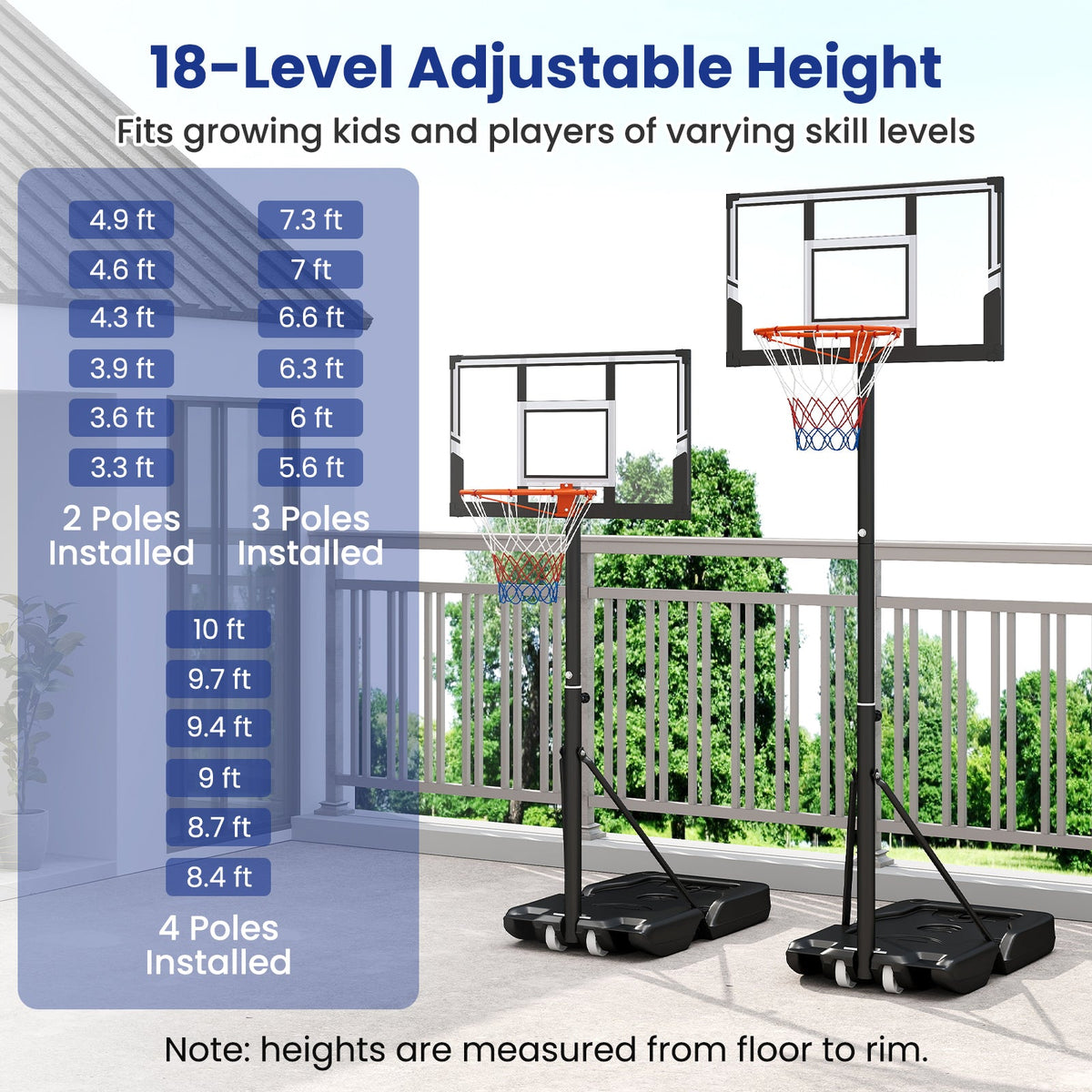 3.3-10 Feet Portable Basketball Hoop Adjustable with Base and Wheels