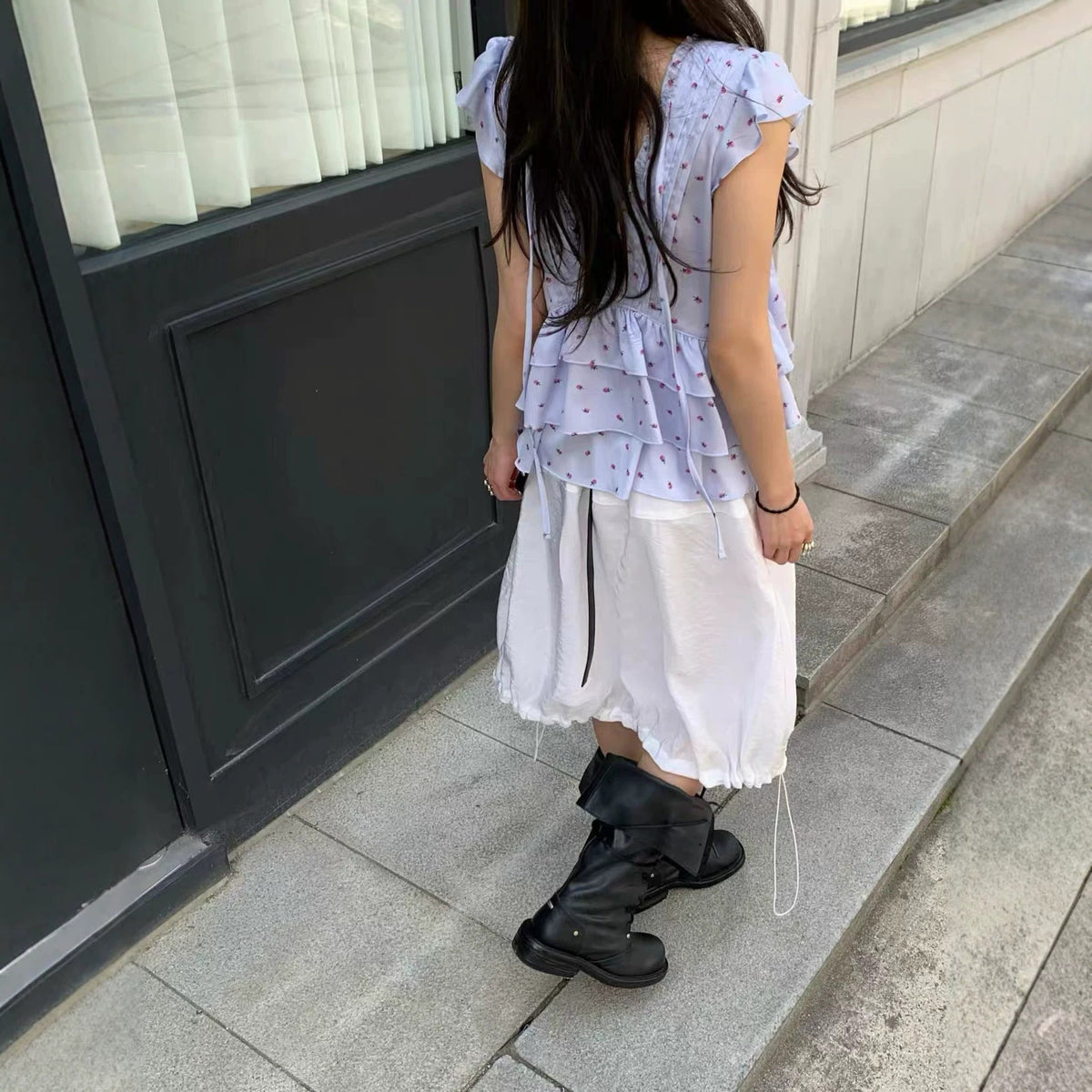 Pleated Floral-print Ruffled Blouse Vest With Ribbons