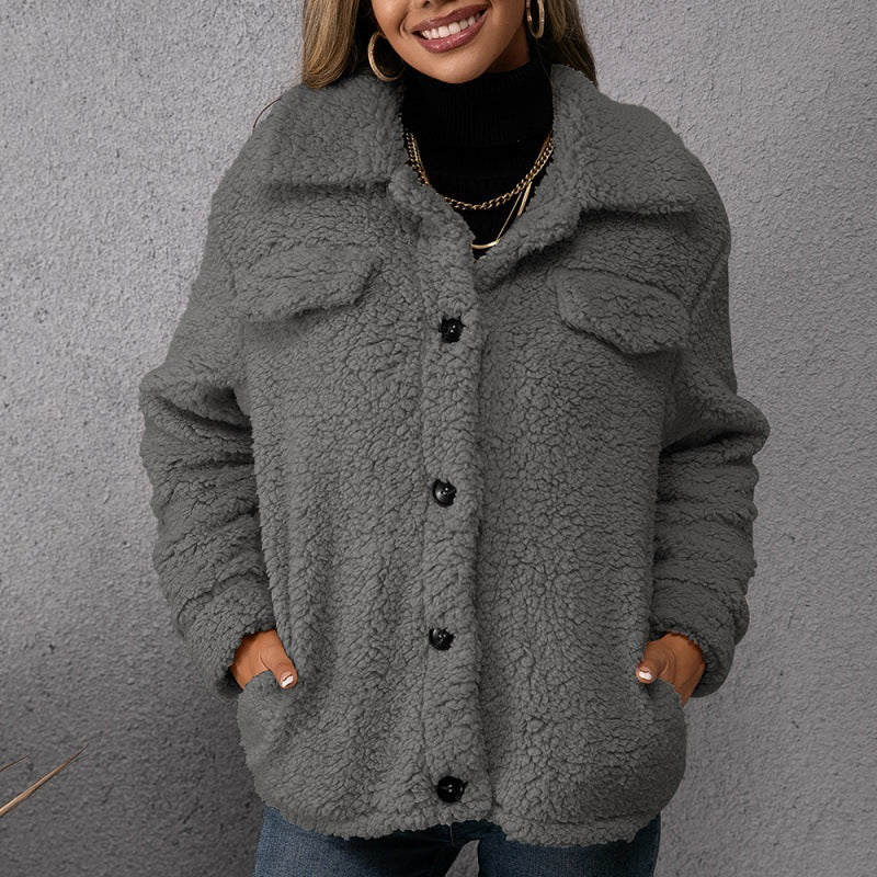 Lapel Single-breasted Fleece Coat Winter Warm Button Pocket Short Jacket Top Women Clothing My Store