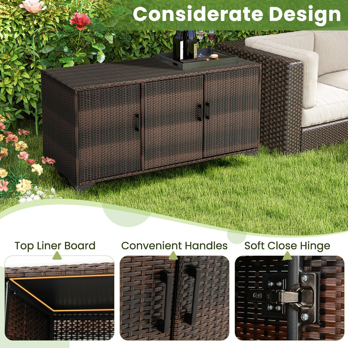 84 Gallon Patio Wicker Deck Box 3-Door PE Rattan Storage Container with Removable Shelves