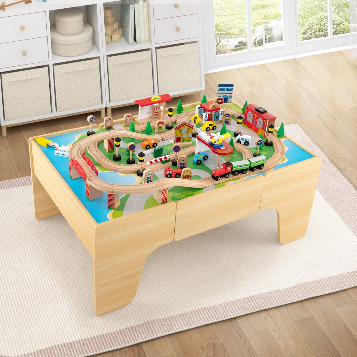 84-Piece Wooden Train and Activity Table with Reversible Top for Learning and Play