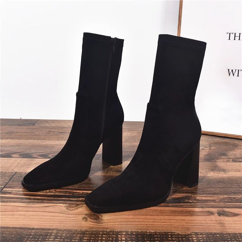 New Square Toe Fleece-lined New Chunky Heel French Boots