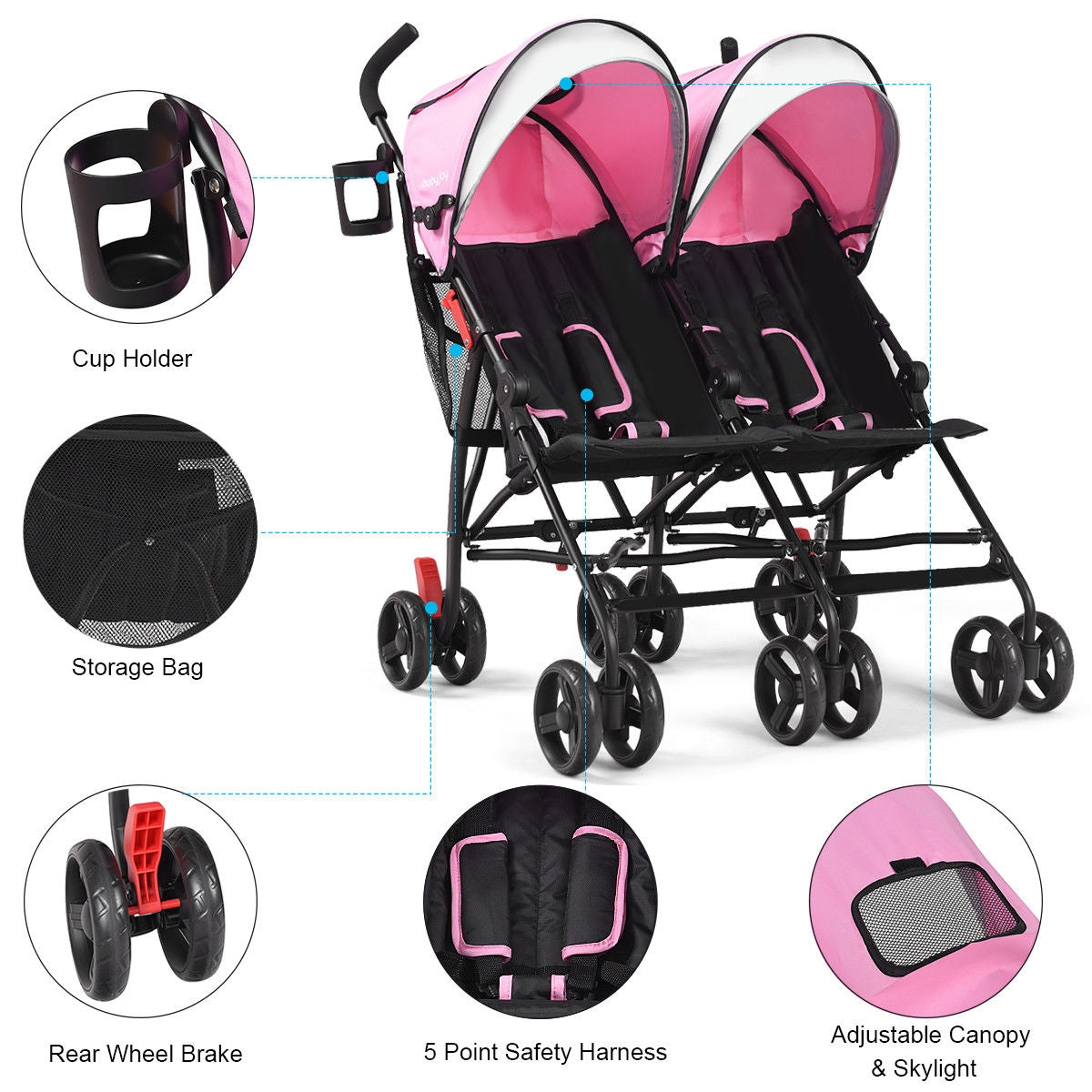 Foldable Twin Baby Double Stroller Ultralight Umbrella Kids Stroller-Pink GBruno Store