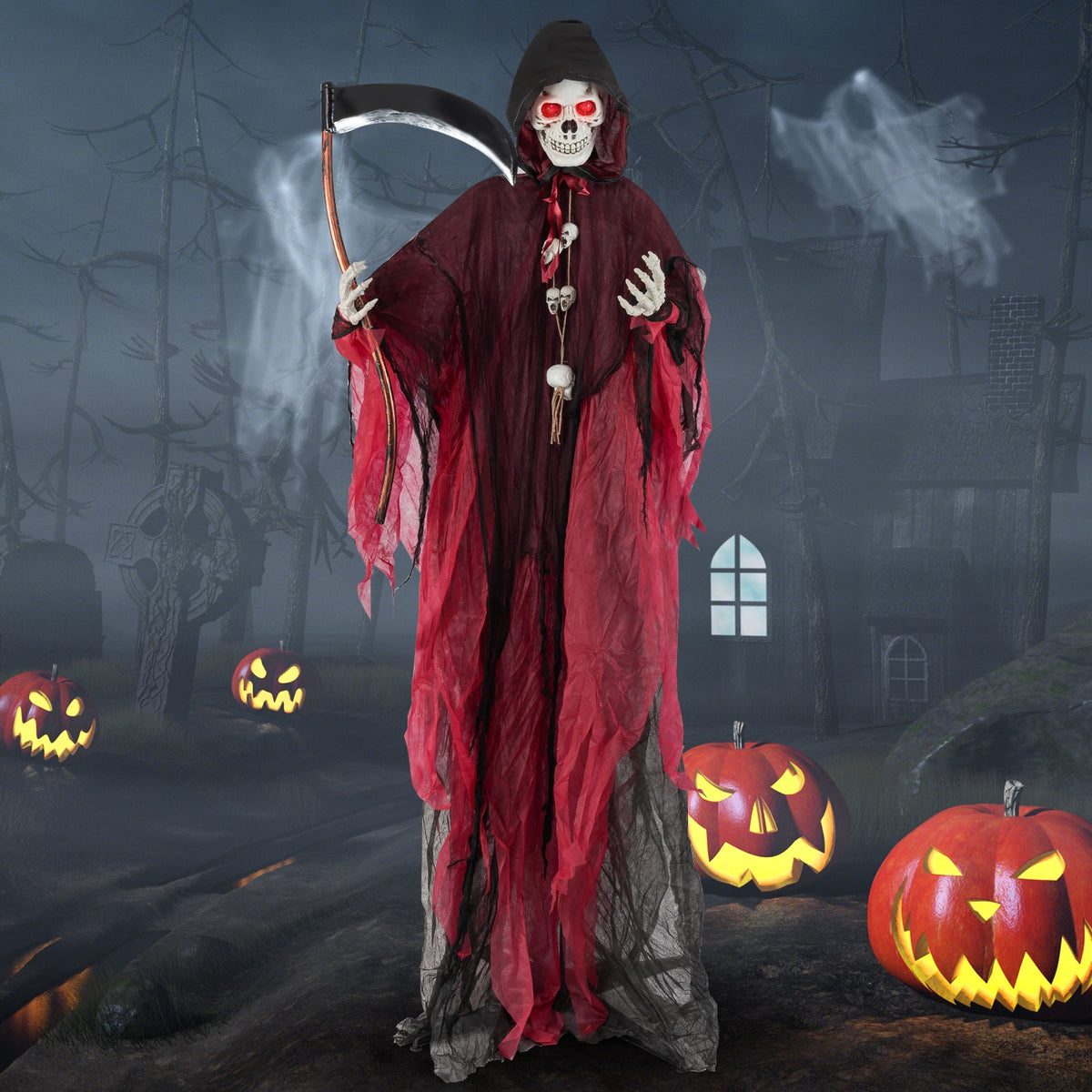 8 Feet Halloween Standing Grim Reaper with Terrifying Sounds and Lighted Eyes