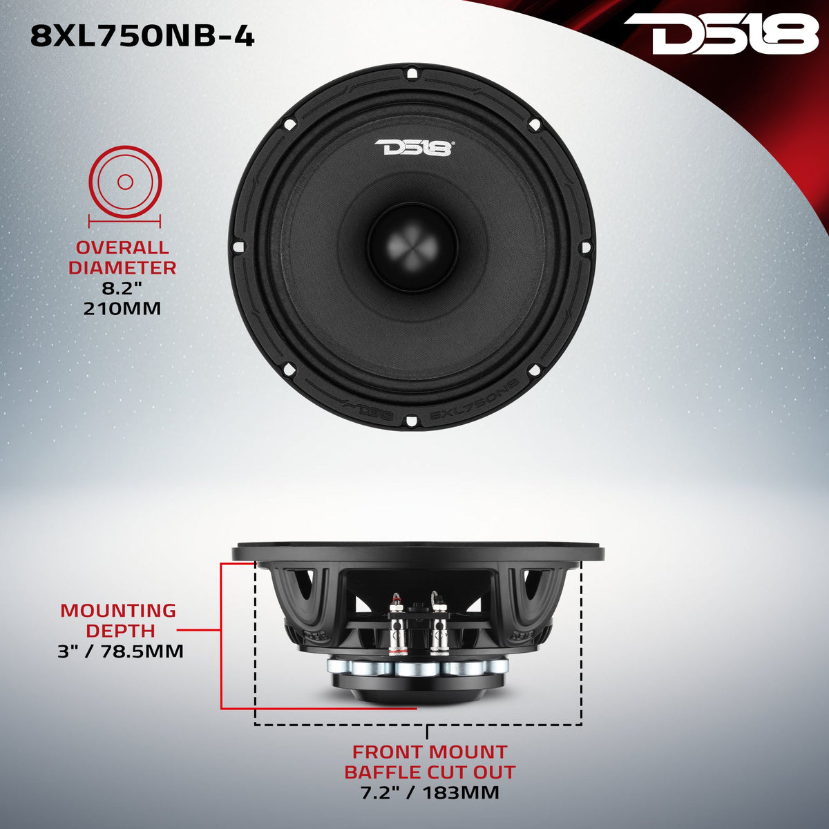 8" Midrange Loudspeaker with Neodymium Rings and Aluminum Bullet | 375 Watts RMS 4-Ohm DS18