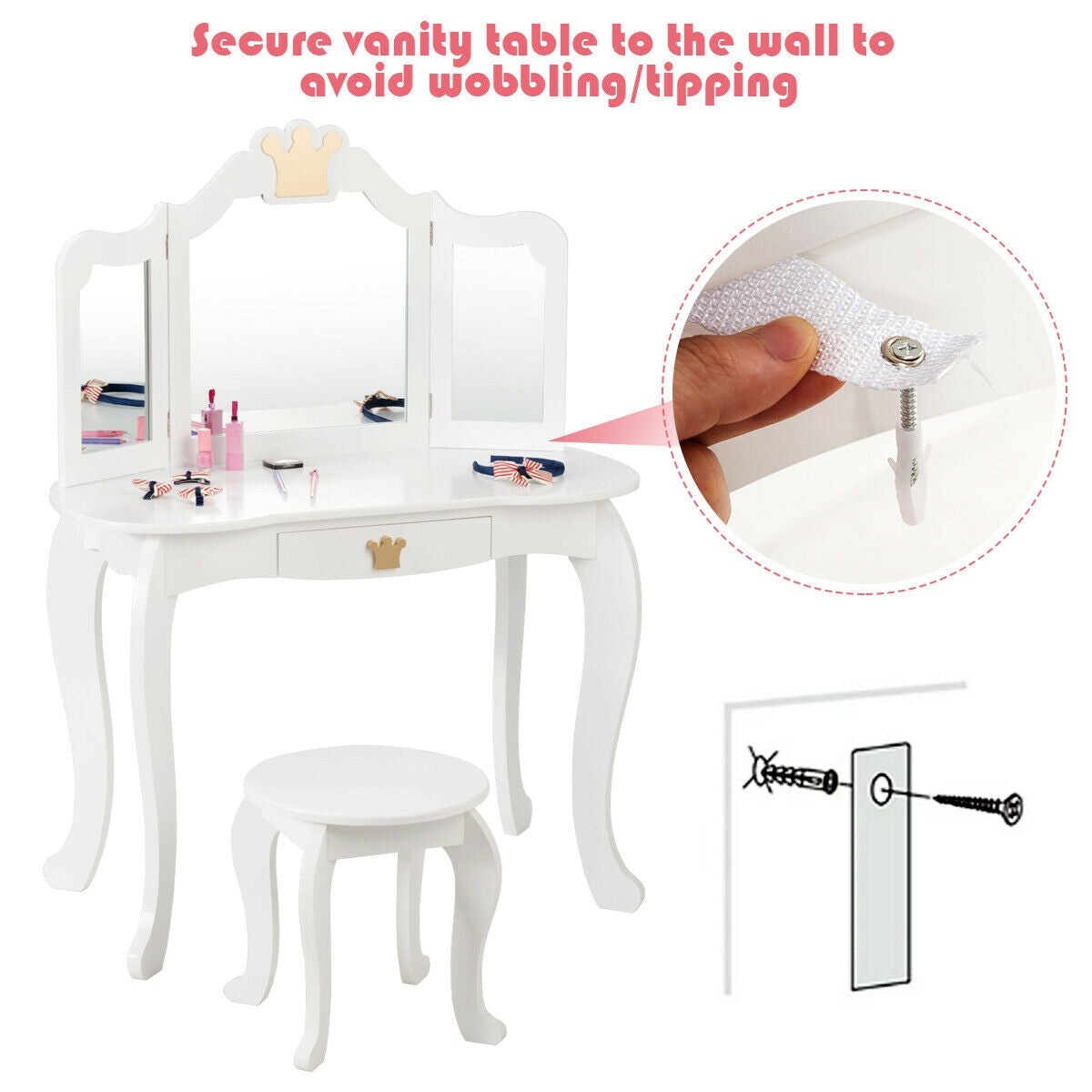 Kids Makeup Dressing Table with Tri-folding Mirror and Stool-White GBruno Store