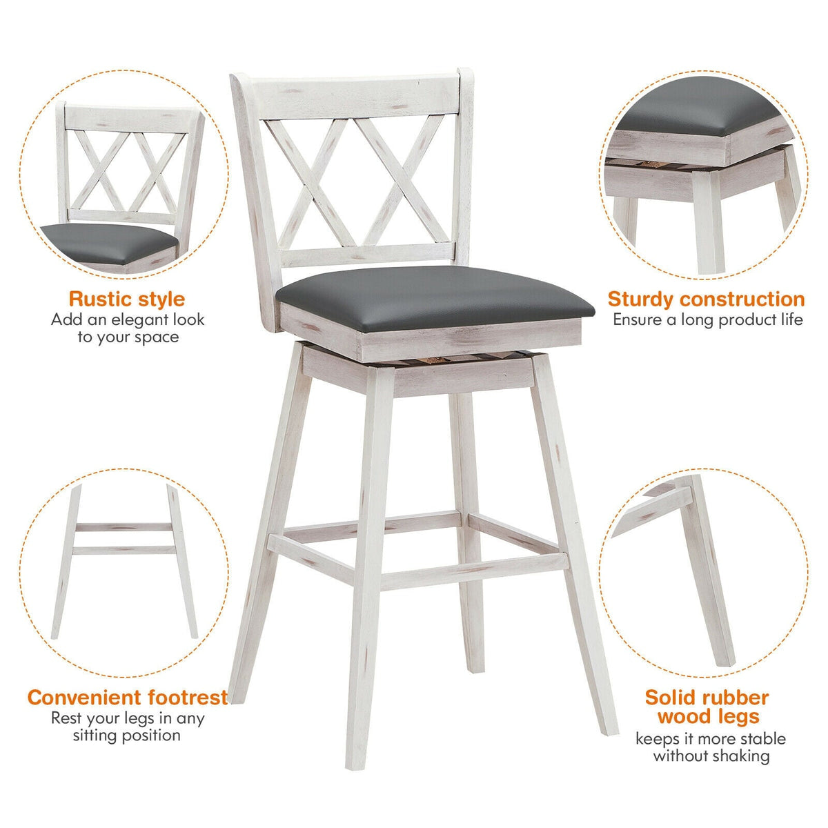 2 Pieces 29 Inches Swivel Counter Height Barstool Set with Rubber Wood Legs