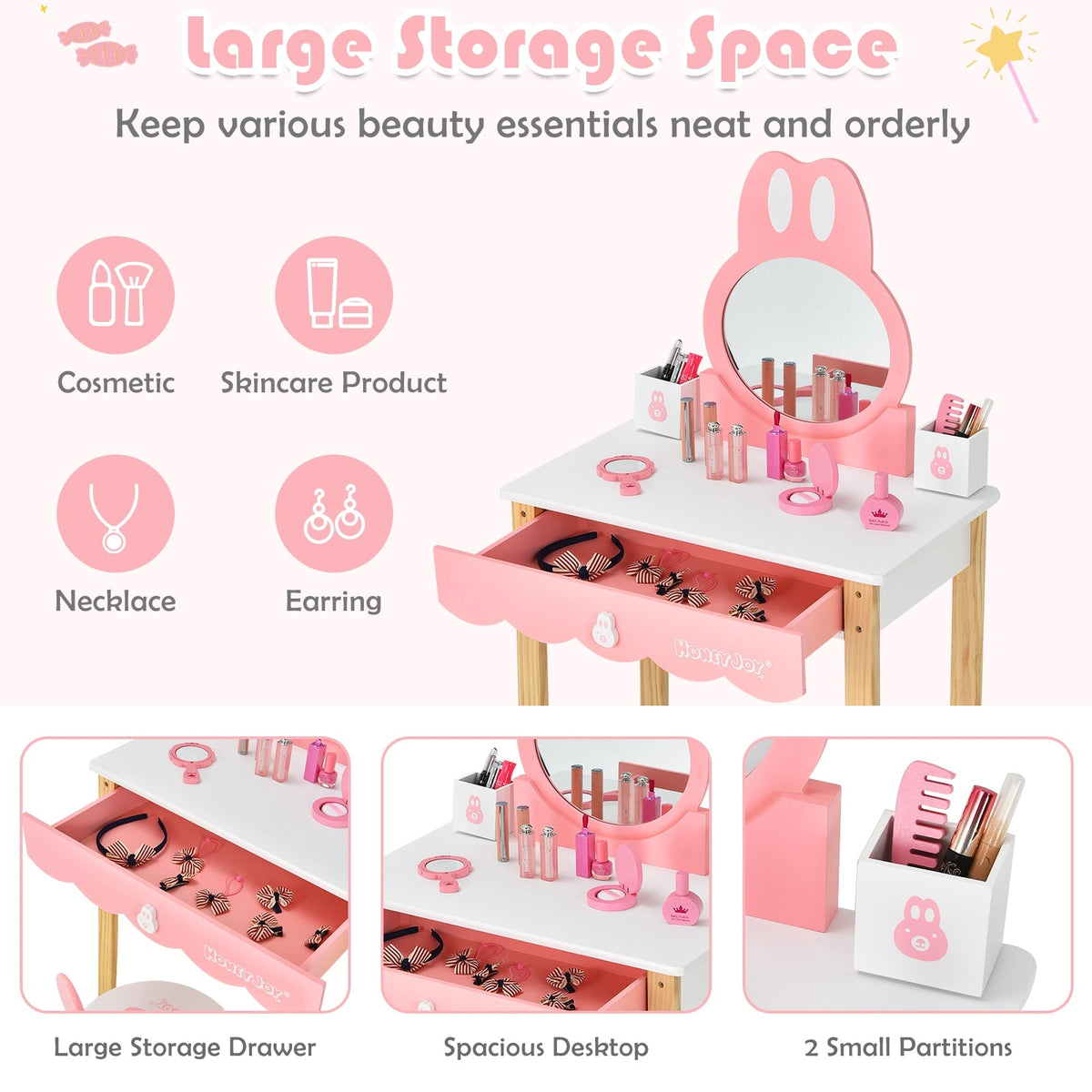 Kids Vanity Set Rabbit Makeup Dressing Table Chair Set with Mirror and Drawer