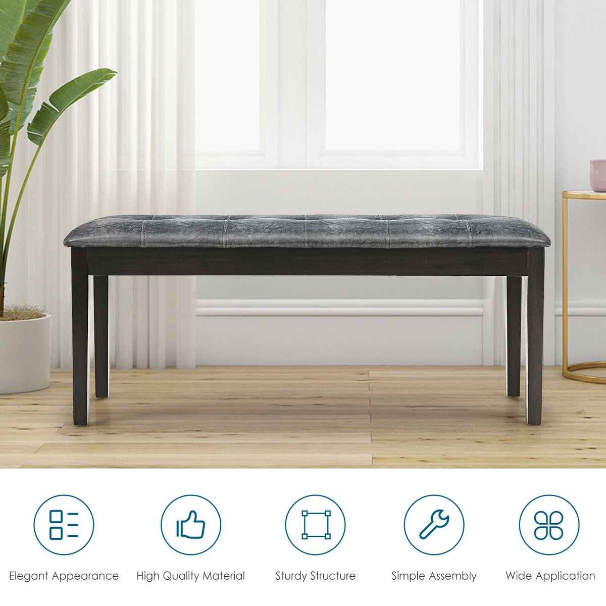 Upholstered Dining Room PU Bench Solid Wood Button Tufted