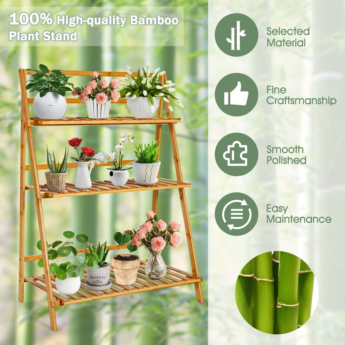 3-Tier Bamboo Foldable Plant Stand with Display Shelf Rack-Natural DirectDeals