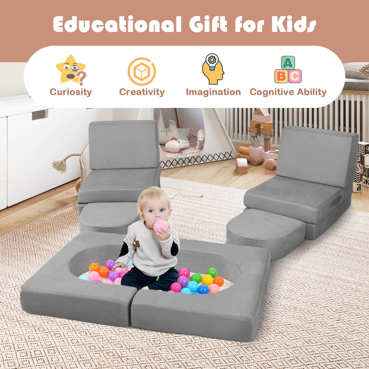 8-Piece Modular Kids Play Couch with Comfy Suede Fabric