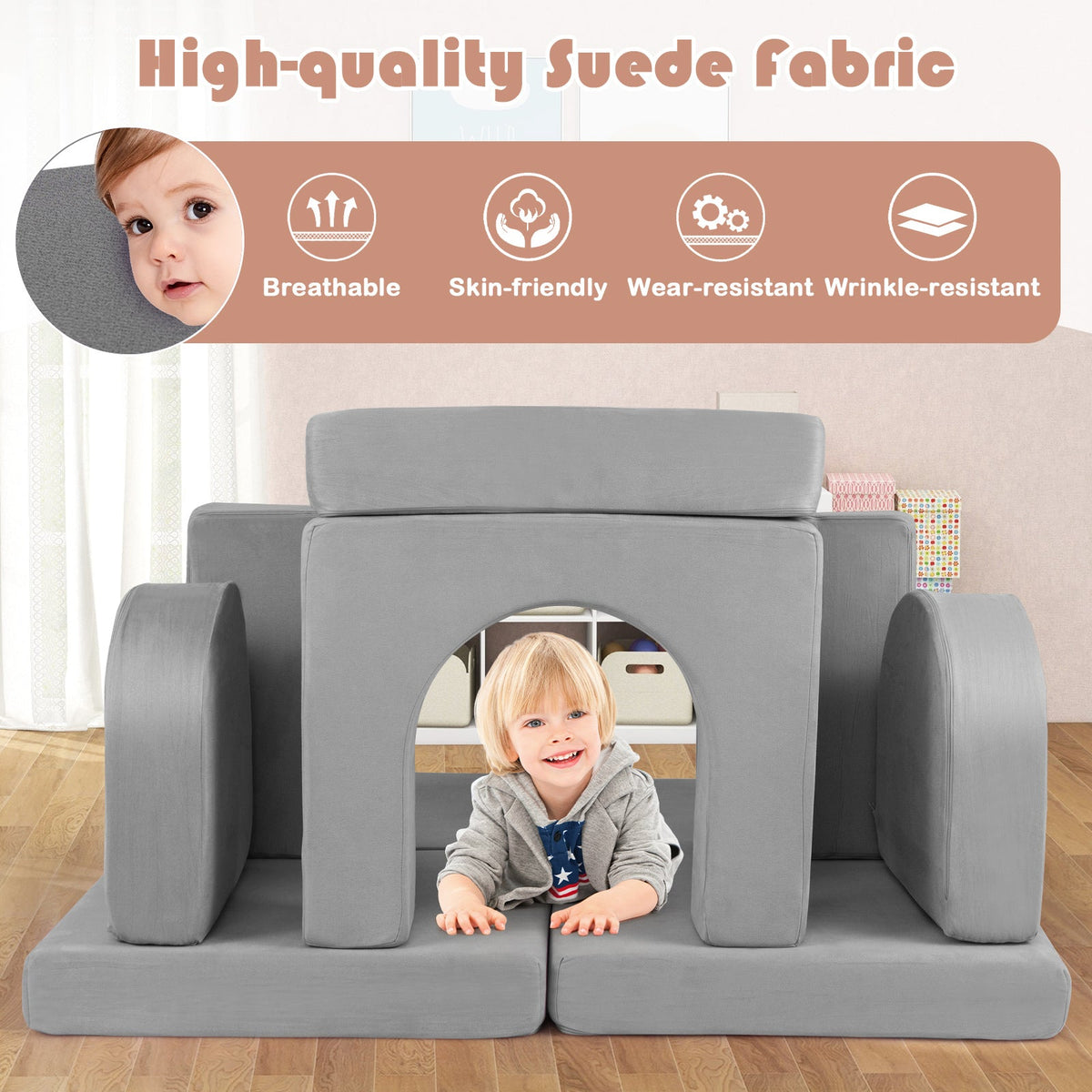 8-Piece Modular Kids Play Couch with Comfy Suede Fabric