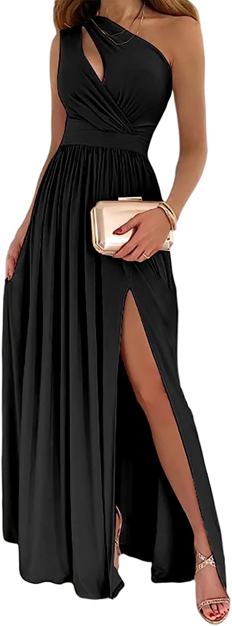 Women's One Shoulder High Split Cutout Sleeveless Elegant Sexy Cocktail Maxi Dress My Store