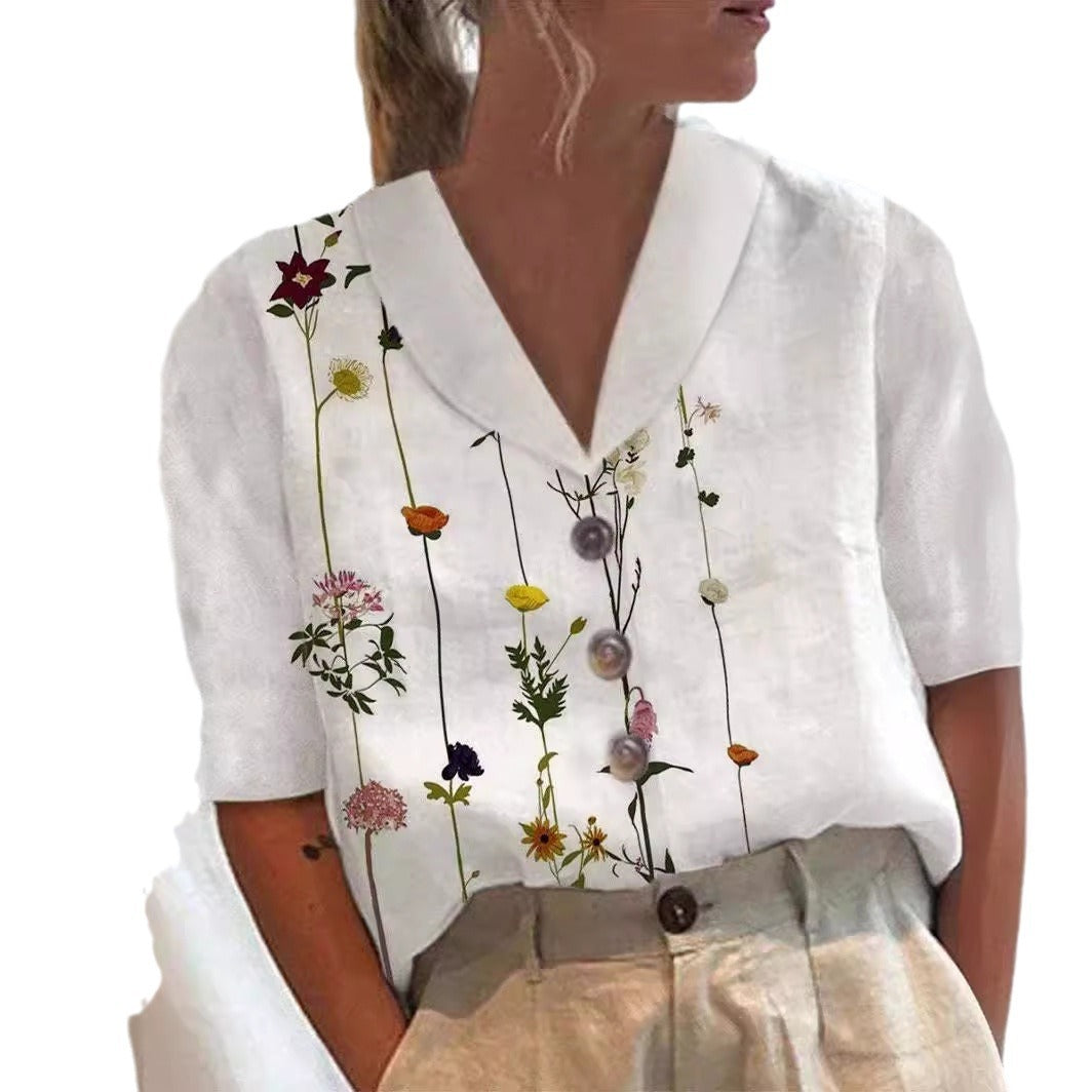 Women's Stand Collar Printed Cotton-Linen Shirt