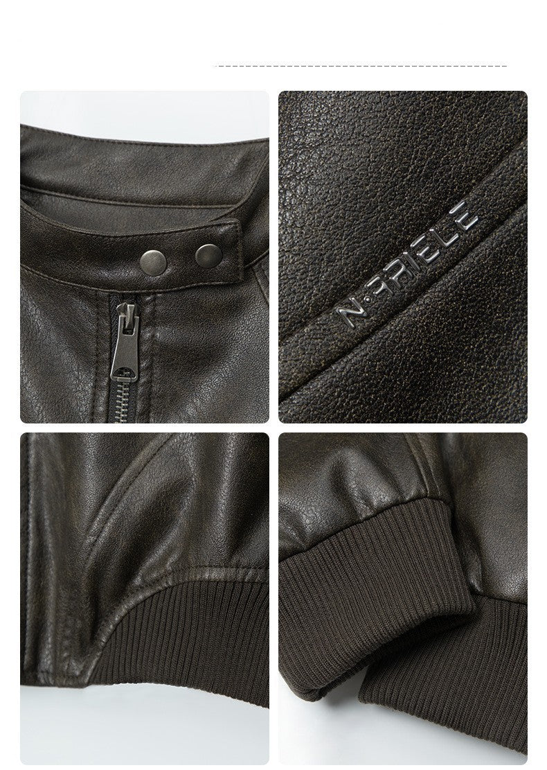 HeyHenry American Fashion Stand Collar Long Sleeve Short PU Leather Short Jacket
