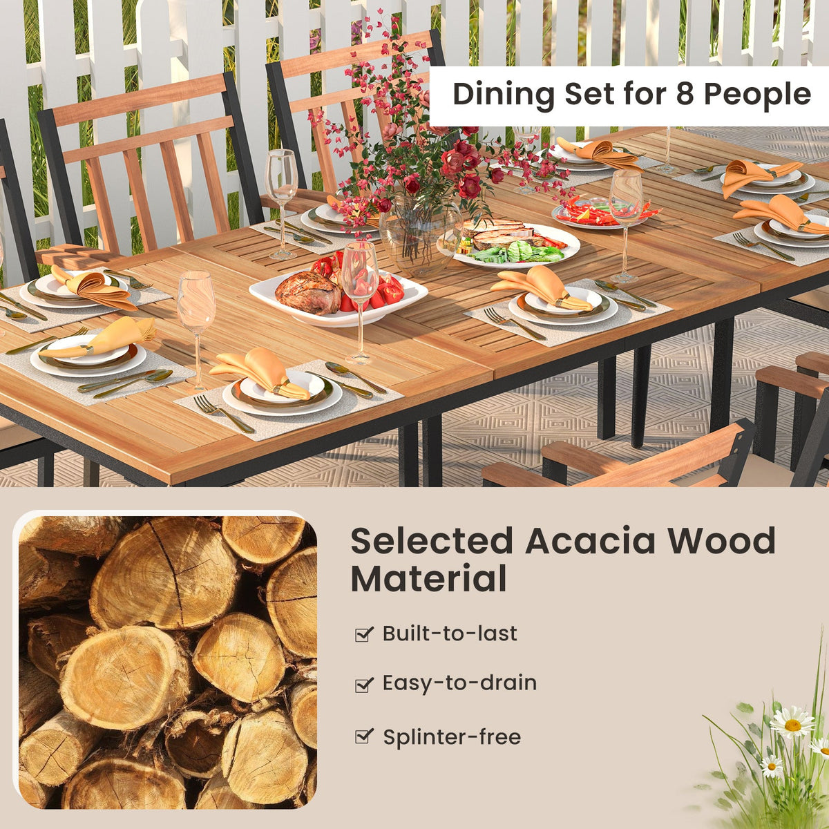 9-Piece Patio Dining Set with 8 Wooden Armchairs