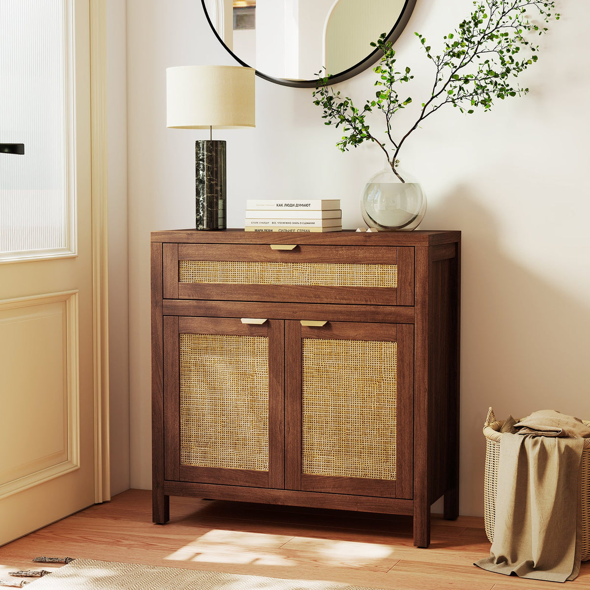 Sideboard Storage Cabinet with Rattan Doors and Drawer-Brown