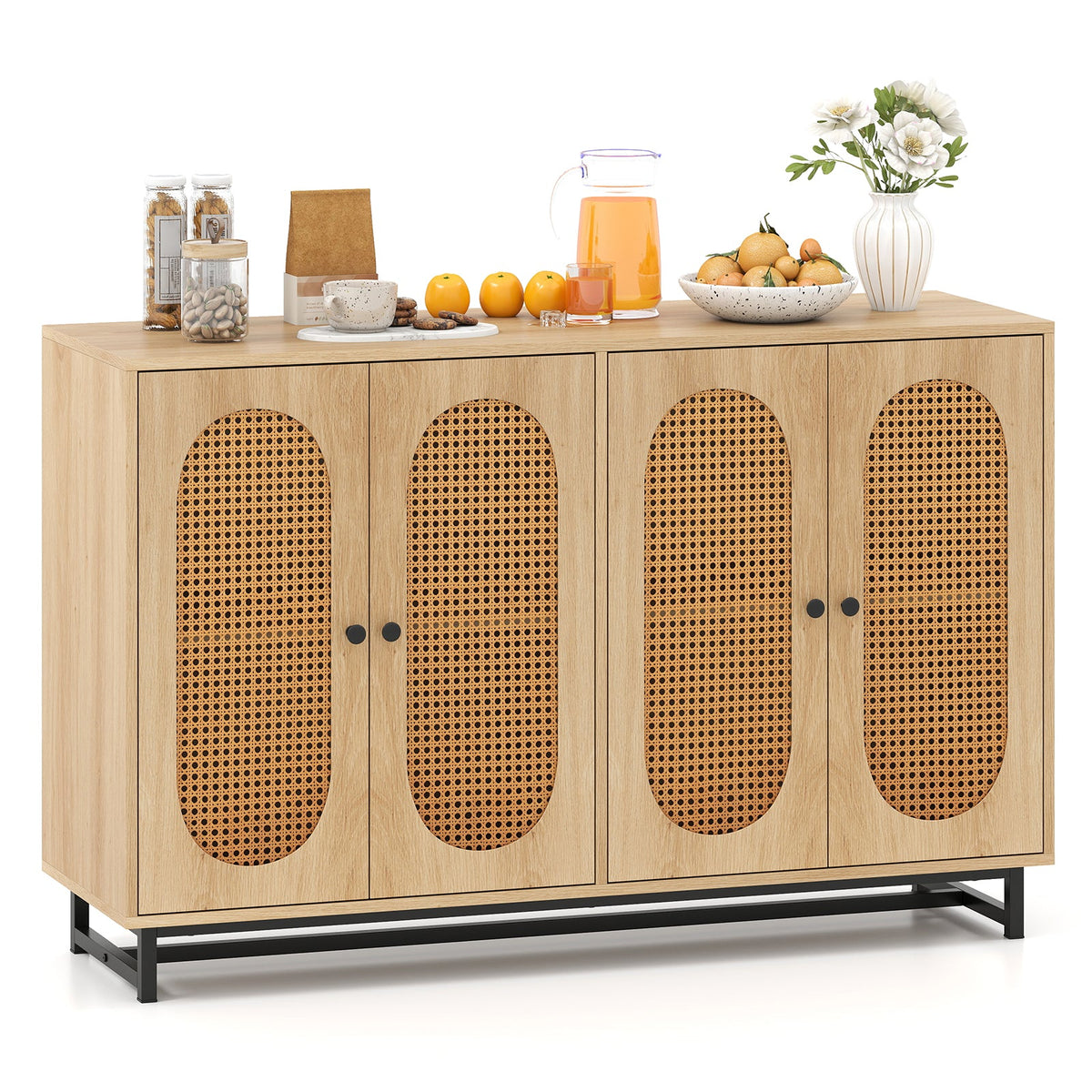 50 Inch Buffet Sideboard Cabinet with 4 Rattan Doors and Adjustable Shelves-Natural