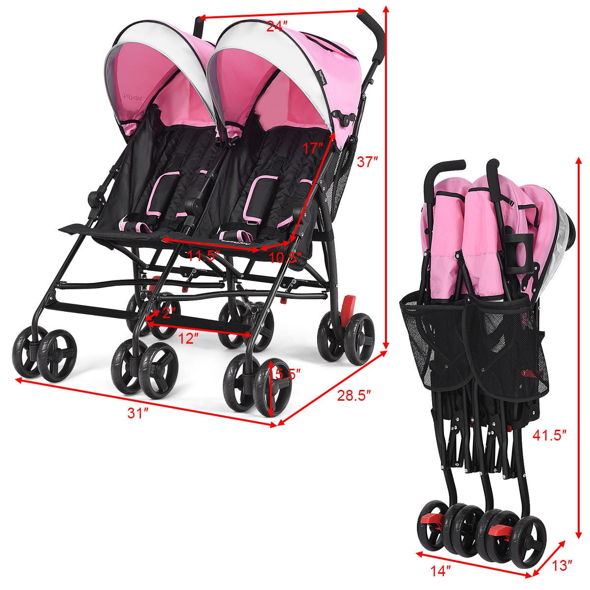 Foldable Twin Baby Double Stroller Ultralight Umbrella Kids Stroller-Pink GBruno Store