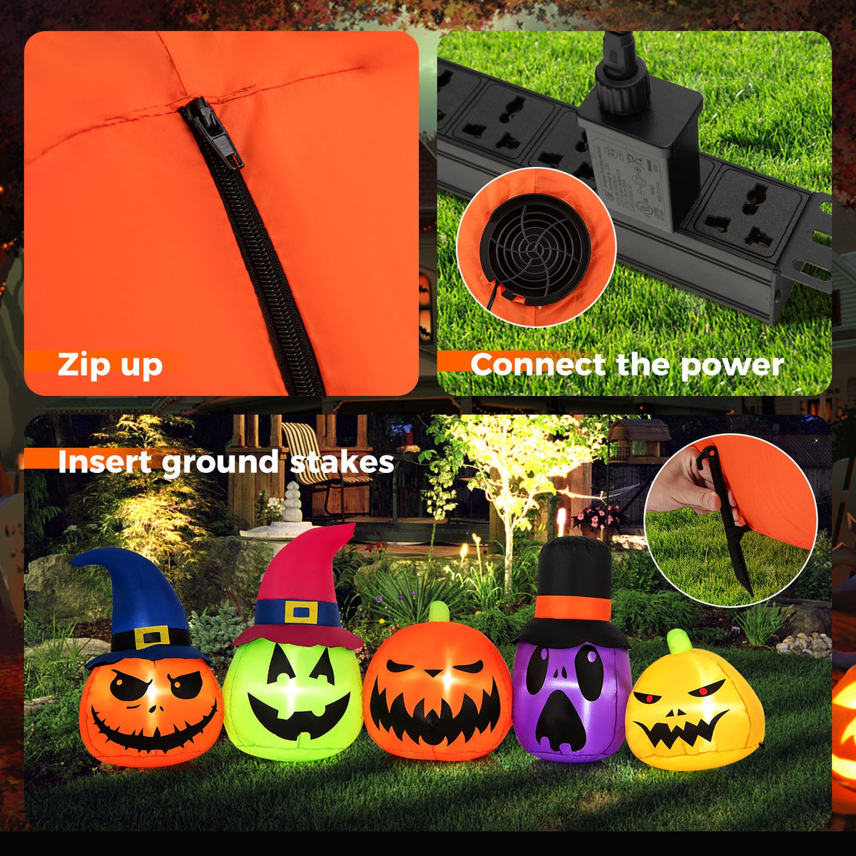 9 Feet Inflatable Pumpkin Patch Family with Built-in LED Lights and Witch Hats